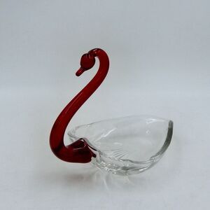Art Glass Ruby Red Swan Neck Clear Body Trinket Candy Nut Dish